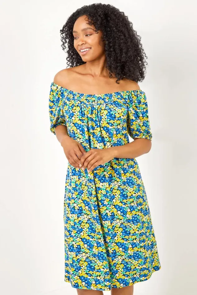 Blue Petite Ditsy Floral Print Jersey Tunic Dress Women Roman Dresses