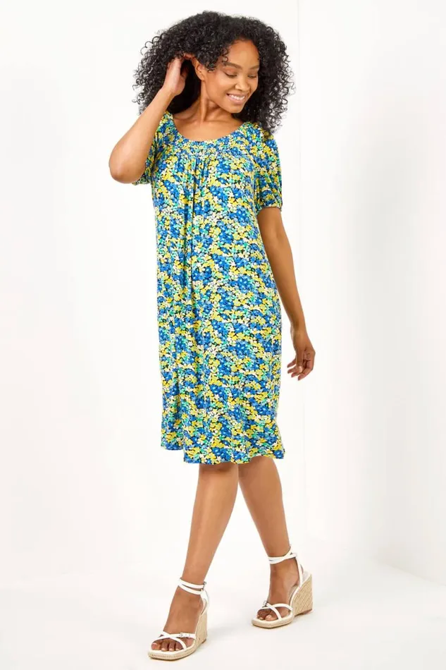 Blue Petite Ditsy Floral Print Jersey Tunic Dress Women Roman Dresses