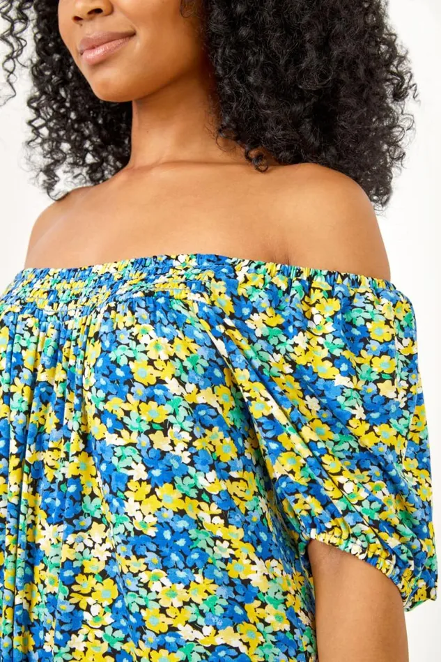 Blue Petite Ditsy Floral Print Jersey Tunic Dress Women Roman Dresses