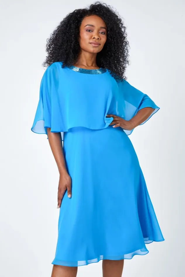 Blue Petite Sequin Trim Chiffon Cape Dress Women Roman Dresses