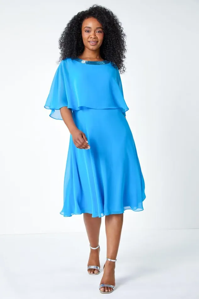 Blue Petite Sequin Trim Chiffon Cape Dress Women Roman Dresses