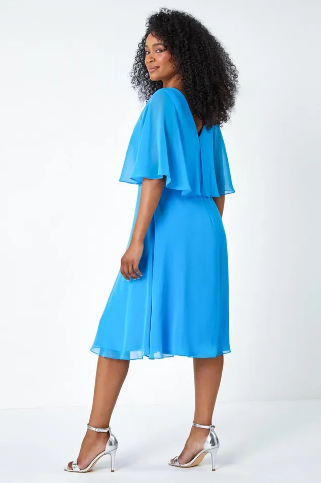 Blue Petite Sequin Trim Chiffon Cape Dress Women Roman Dresses