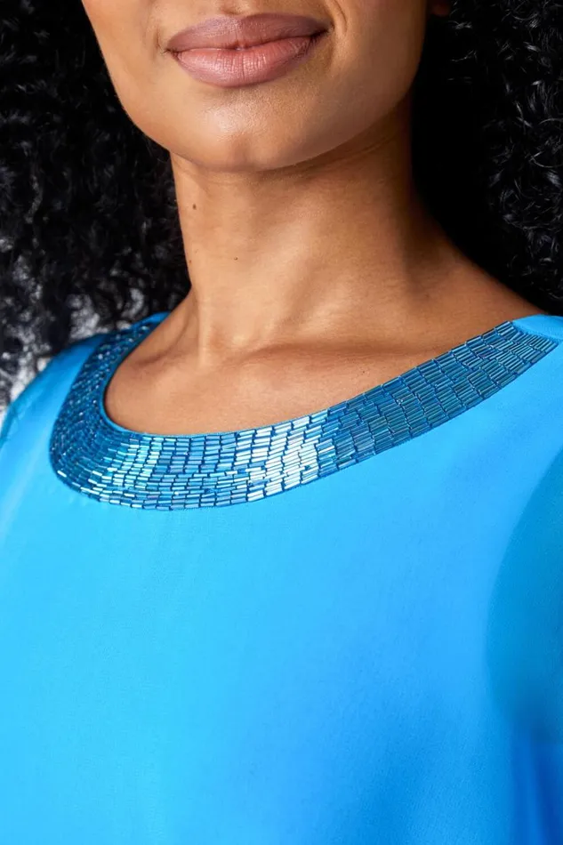 Blue Petite Sequin Trim Chiffon Cape Dress Women Roman Dresses