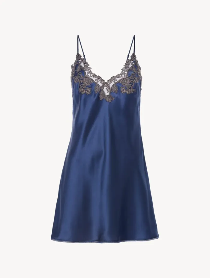 Blue Silk Slip Dress With Frastaglio Sleepwear La Perla Slips and Dresses