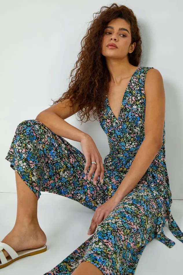 Blue Sleeveless Floral Print Stretch Jumpsuit Women Roman Dresses