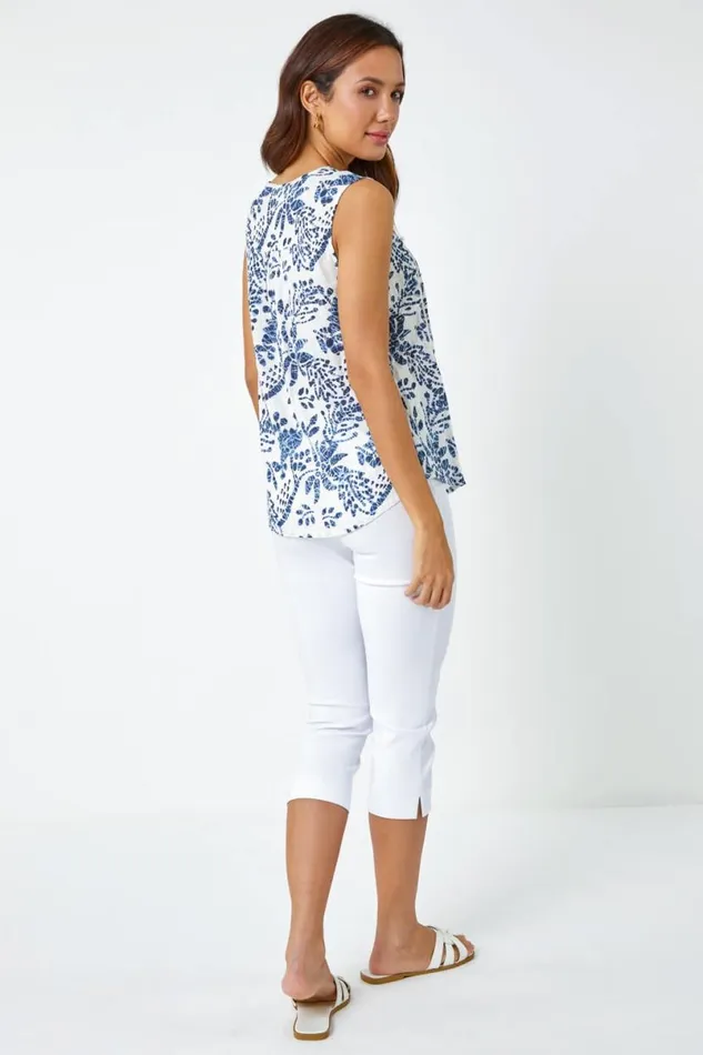 Blue Sleeveless VNeck Floral Print Vest Women Roman Tops