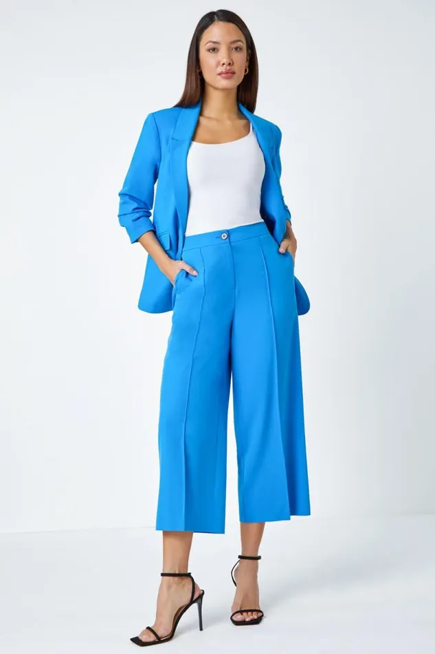 Blue Tailored Stretch Cropped Culottes Women Roman Occasionwear