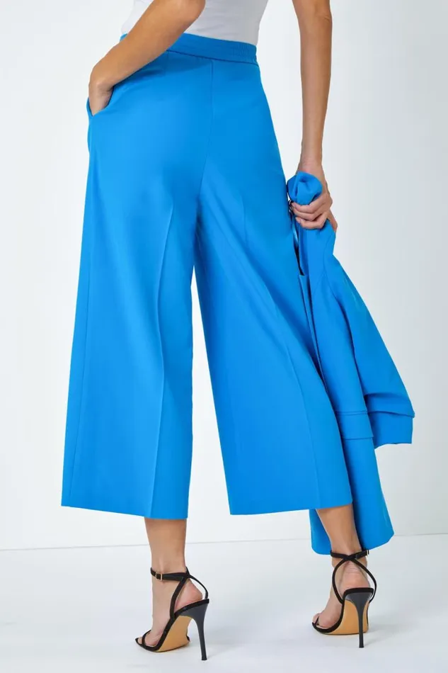Blue Tailored Stretch Cropped Culottes Women Roman Occasionwear