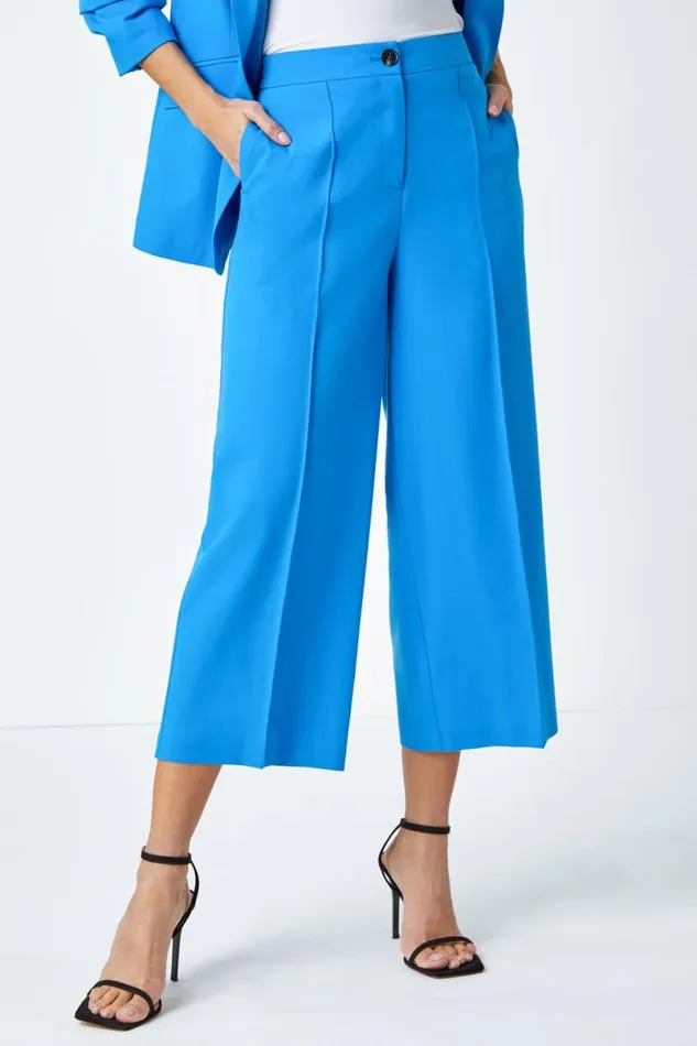 Blue Tailored Stretch Cropped Culottes Women Roman Occasionwear