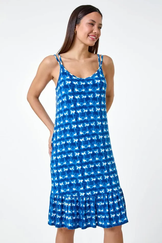 Blue Tie Dye Print Strappy Stretch Dress Women Roman Dresses