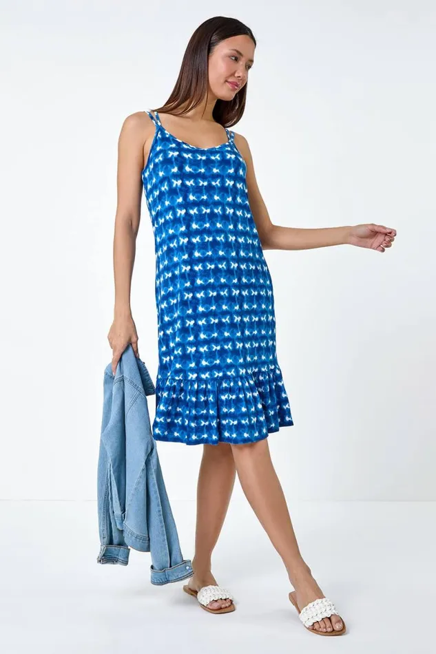 Blue Tie Dye Print Strappy Stretch Dress Women Roman Dresses
