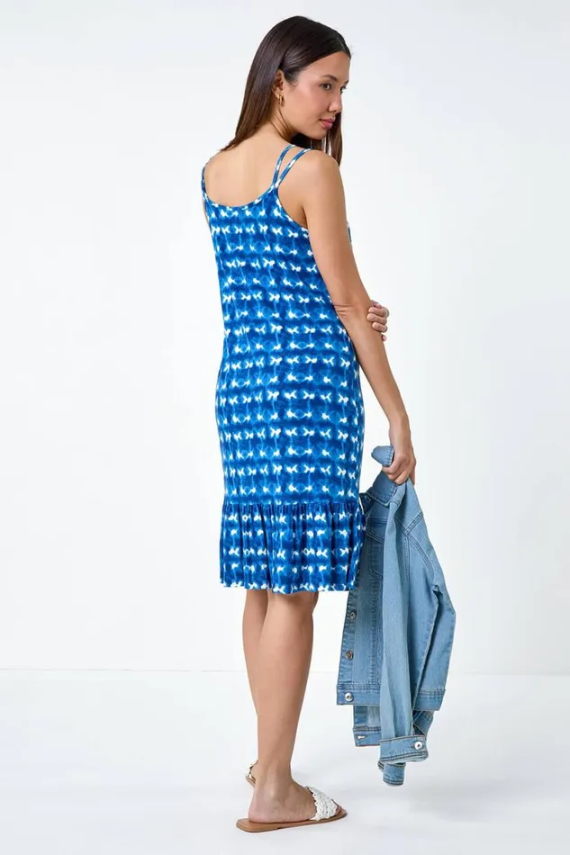 Blue Tie Dye Print Strappy Stretch Dress Women Roman Dresses