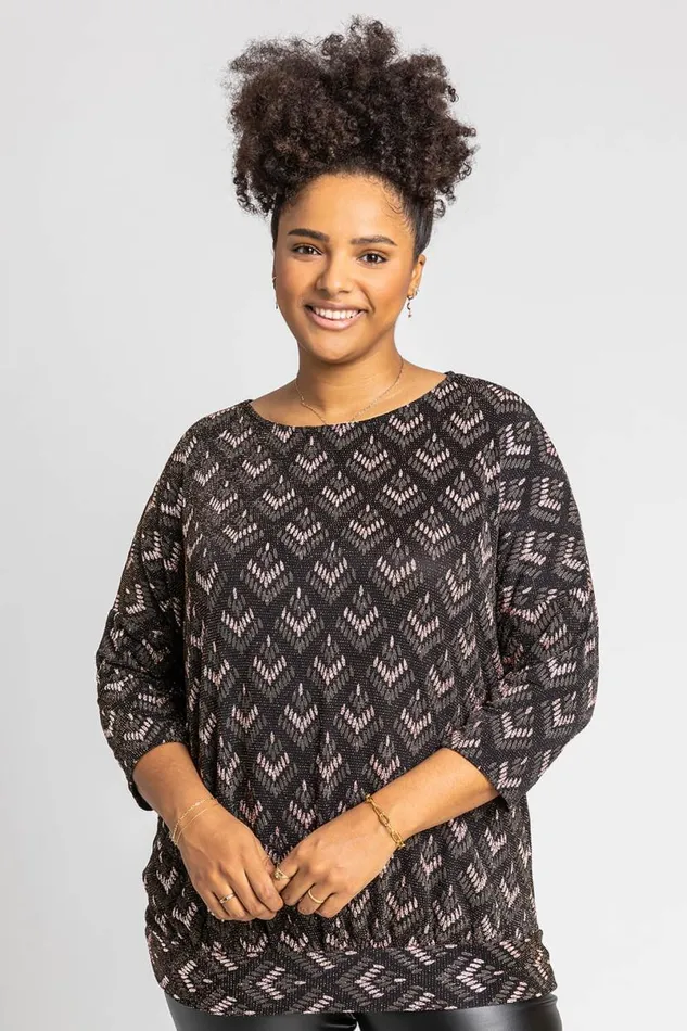 Bronze Curve Glitter Print Blouson Top Women Roman Tops