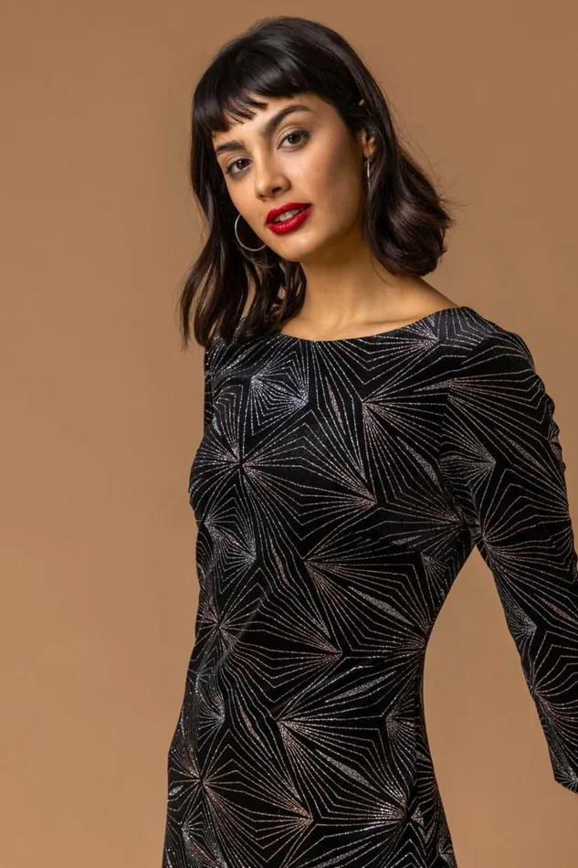 Bronze Glitter 34 Sleeve Velvet Dress Women Roman Dresses