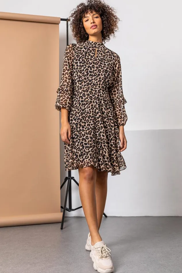 Brown Leopard Print Detail Chiffon Dress Women Roman Dresses