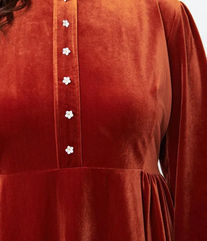 Burnt Orange Velvet Myers Fit and Flare Dress DressesHalloween Unique Vintage Pocket Dresses