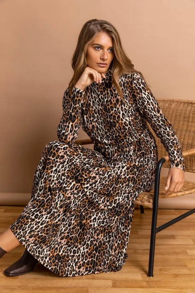 Camel High Neck Leopard Print Midi Dress Women Roman Dresses