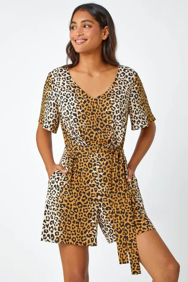 Camel Leopard Print Belted Playsuit Women Roman Dresses