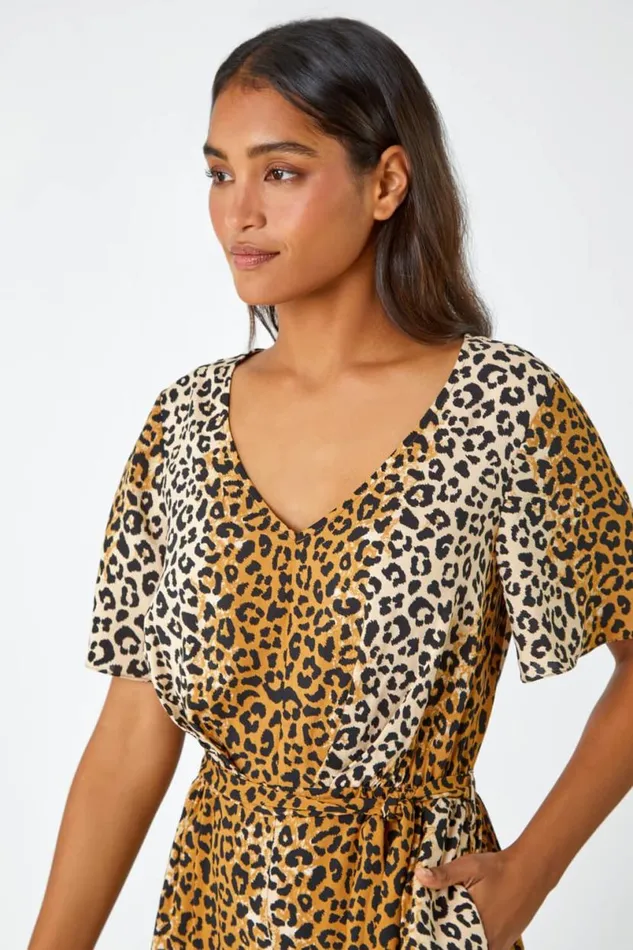 Camel Leopard Print Belted Playsuit Women Roman Dresses
