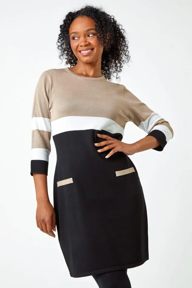 Camel Petite Stripe Print Pocket Jumper Dress Women Roman Dresses