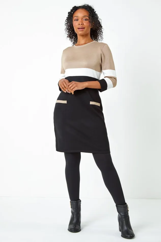 Camel Petite Stripe Print Pocket Jumper Dress Women Roman Dresses