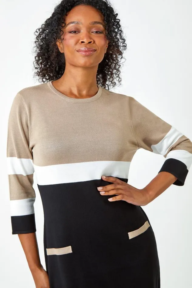 Camel Petite Stripe Print Pocket Jumper Dress Women Roman Dresses