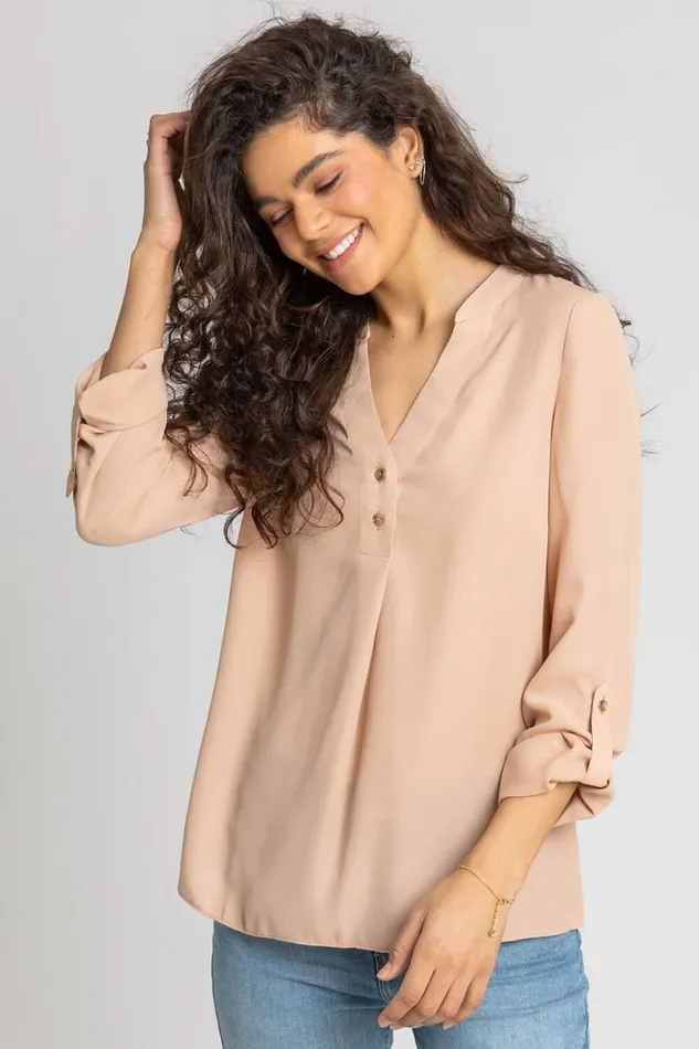 Camel Plain Buttoned Notch Neck Top Women Roman Tops