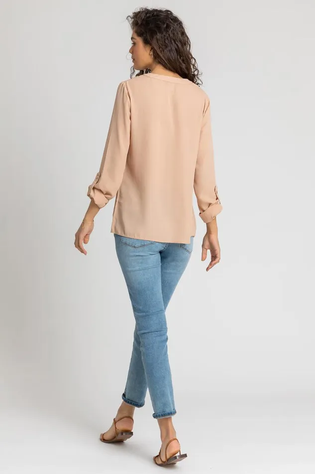 Camel Plain Buttoned Notch Neck Top Women Roman Tops