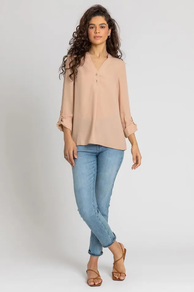 Camel Plain Buttoned Notch Neck Top Women Roman Tops