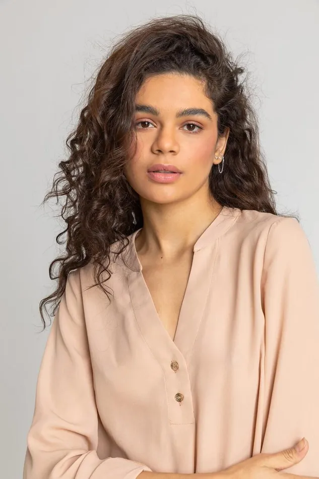 Camel Plain Buttoned Notch Neck Top Women Roman Tops