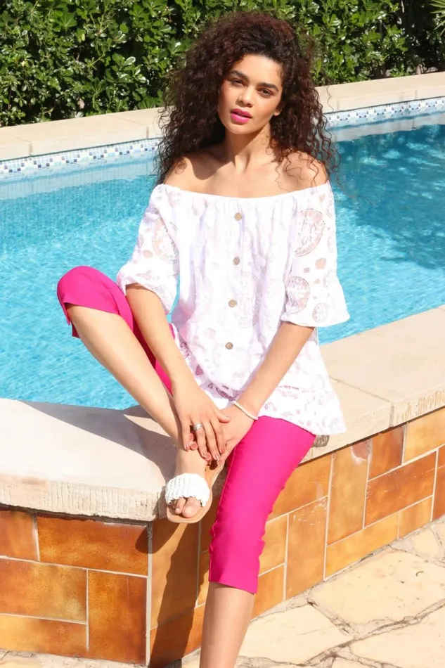 Cerise Pink Elastic Waist Stretch Cropped Trousers Women Roman Coords