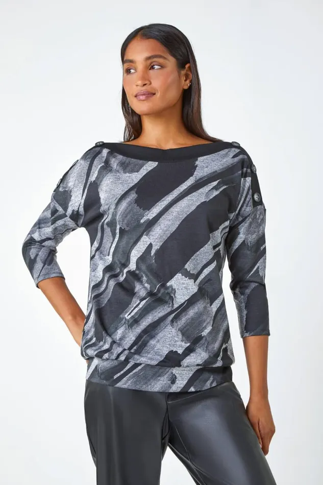 Charcoal Abstract Print Button Detail Stretch Top Women Roman Tops