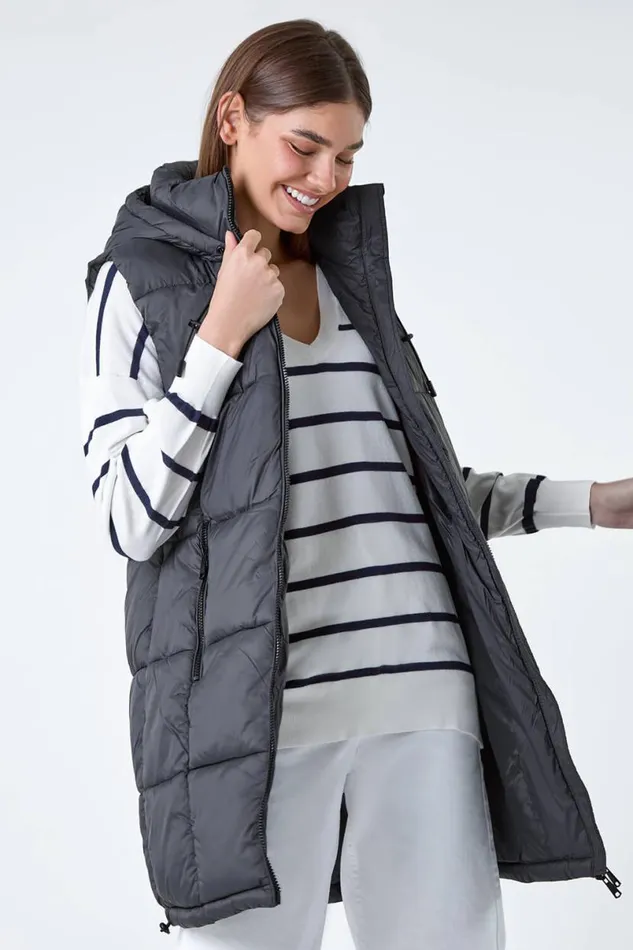 Charcoal Padded Longline Hooded Gilet Women Roman Coats