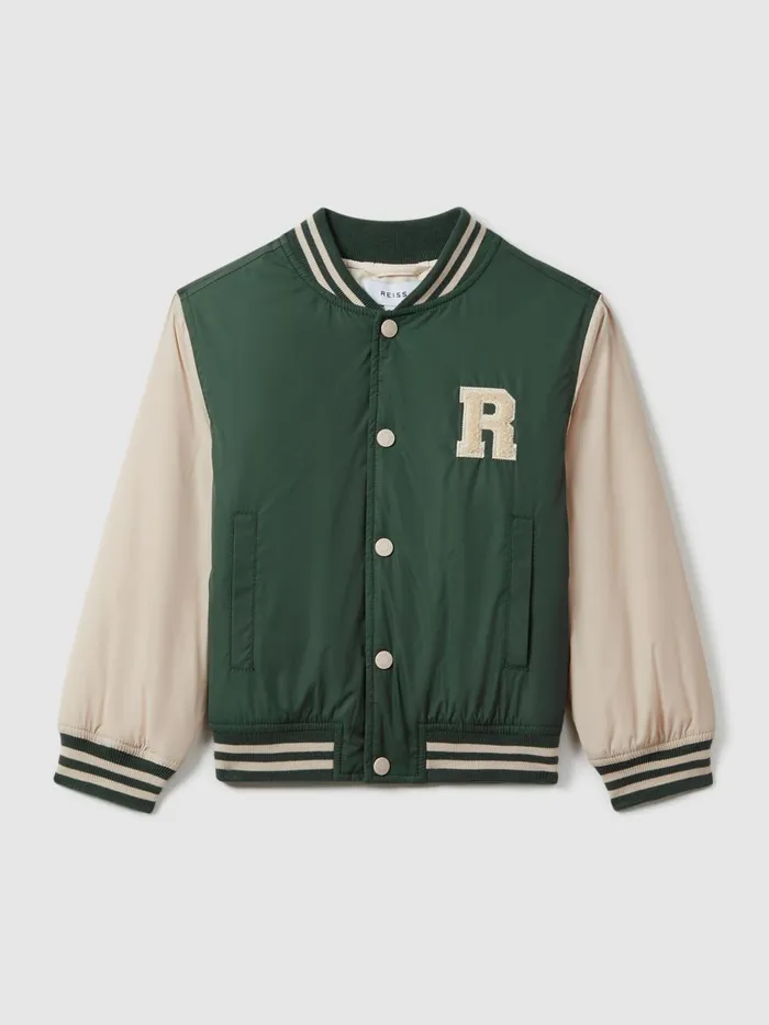 Children Reiss Coats and Jackets Arkan Colourblock Varsity Bomber Jacket Greenstone