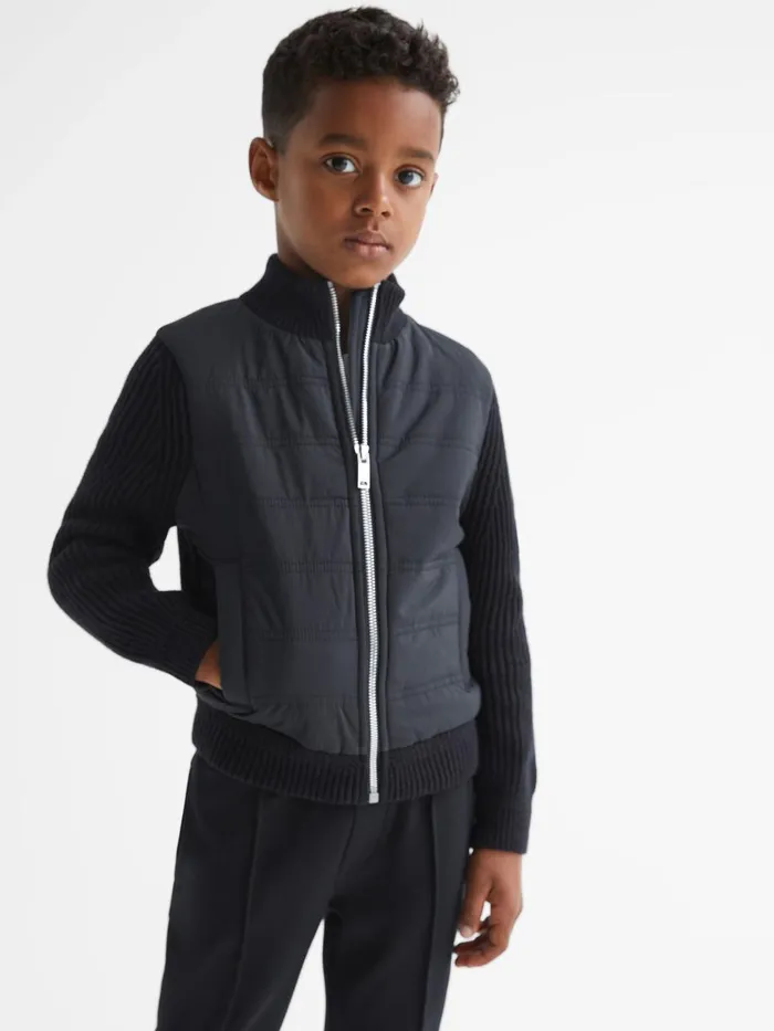 Children Reiss Knitwear Trainer Hybrid Zip Through Quilted Jakcet Navy