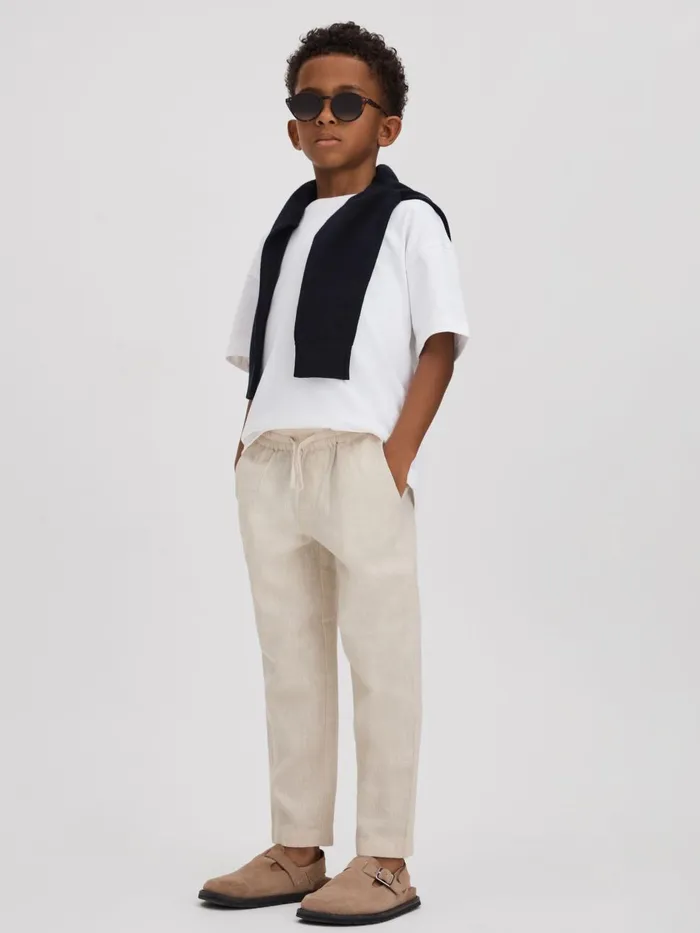Children Reiss Pants Wilfred Linen Drawstring Tapered Trousers Stone