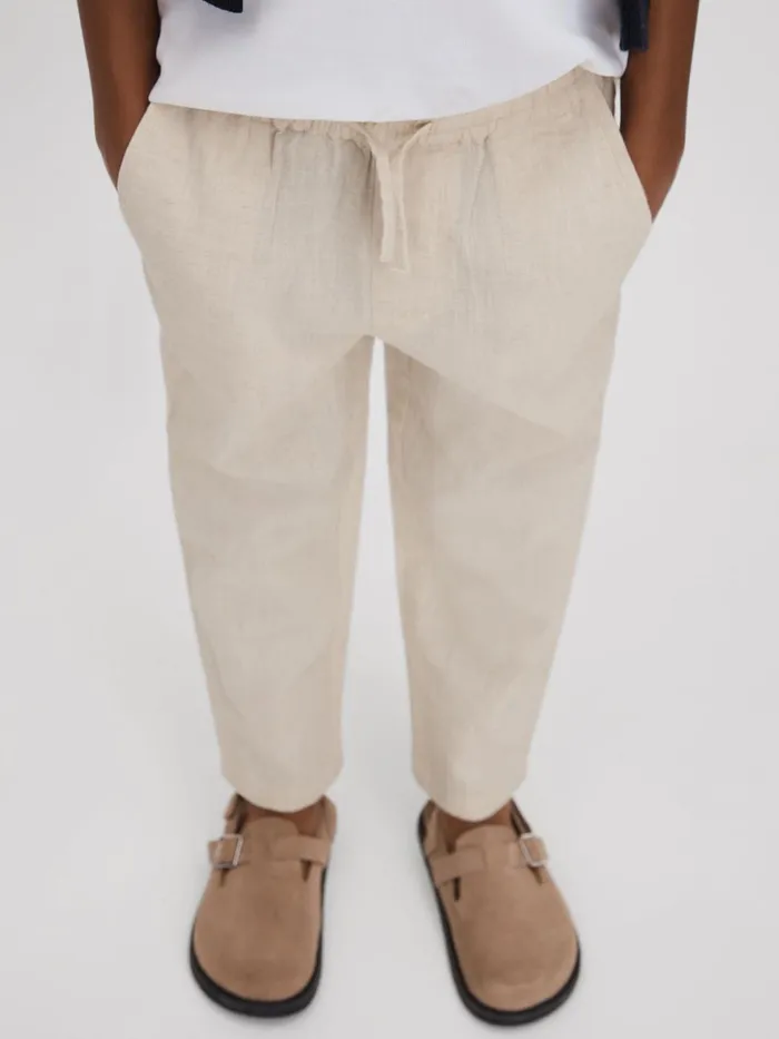 Children Reiss Pants Wilfred Linen Drawstring Tapered Trousers Stone
