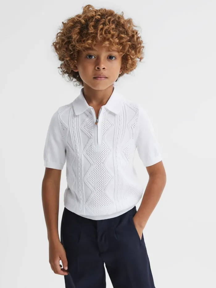 Children Reiss Polo Shirts Tropic Cotton HalfZip Polo Shirt White