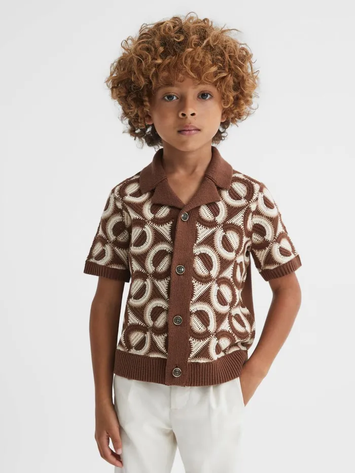 Children Reiss Shirts Frenchie Knitted Cuban Collar Shirt Tobacco