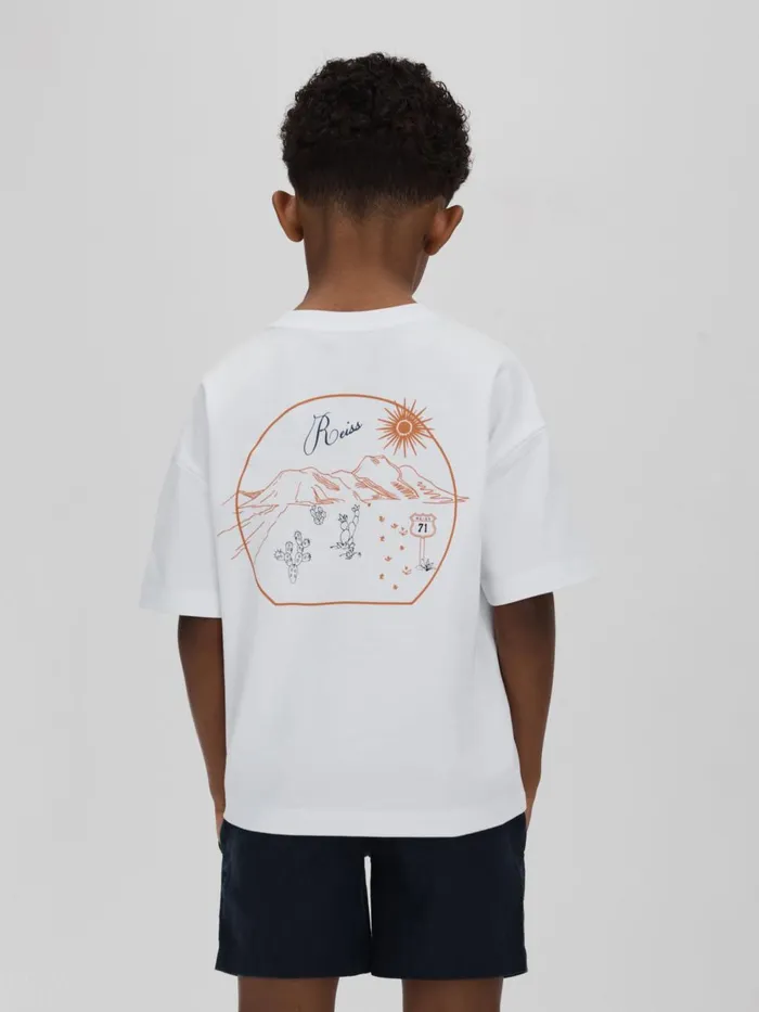 Children Reiss TShirts Monte Cotton Crew Neck Motif TShirt Optic Whiteorange