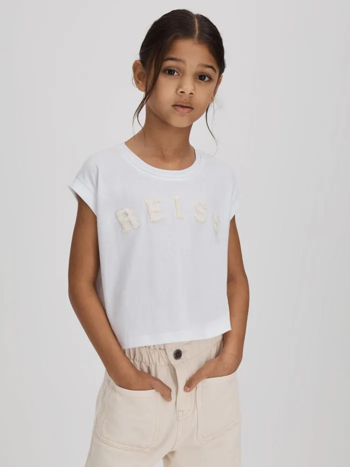 Children Reiss Tops and TShirts Taya Textured Motif Cotton Crew Neck TShirt White