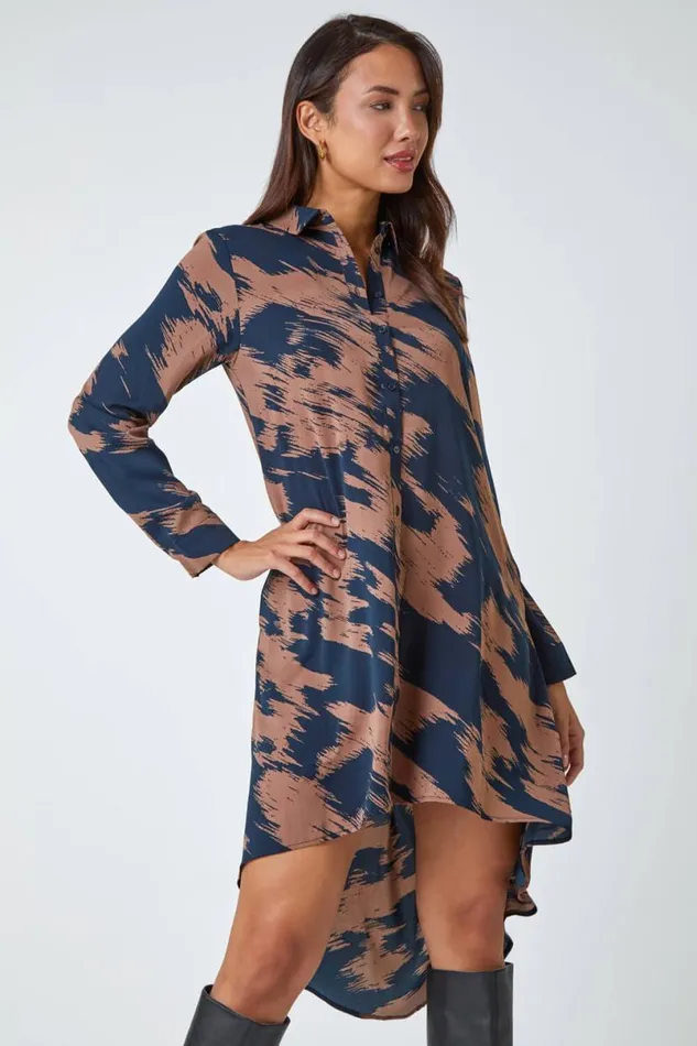 Chocolate Hi Low Abstract Print Shirt Dress Women Roman Dresses