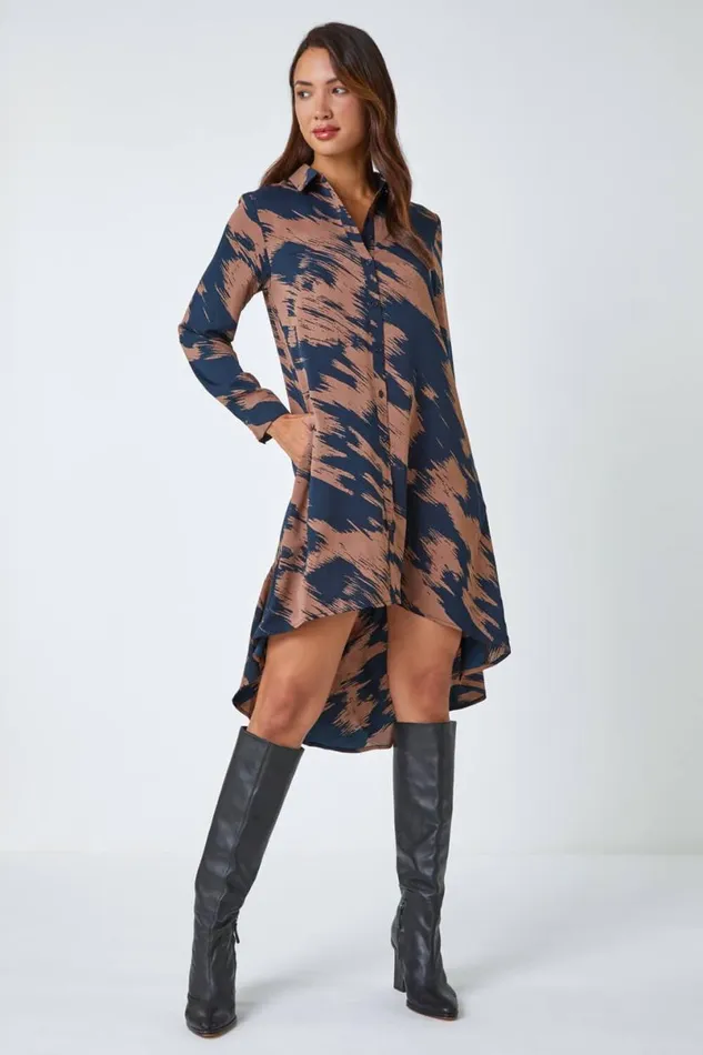 Chocolate Hi Low Abstract Print Shirt Dress Women Roman Dresses