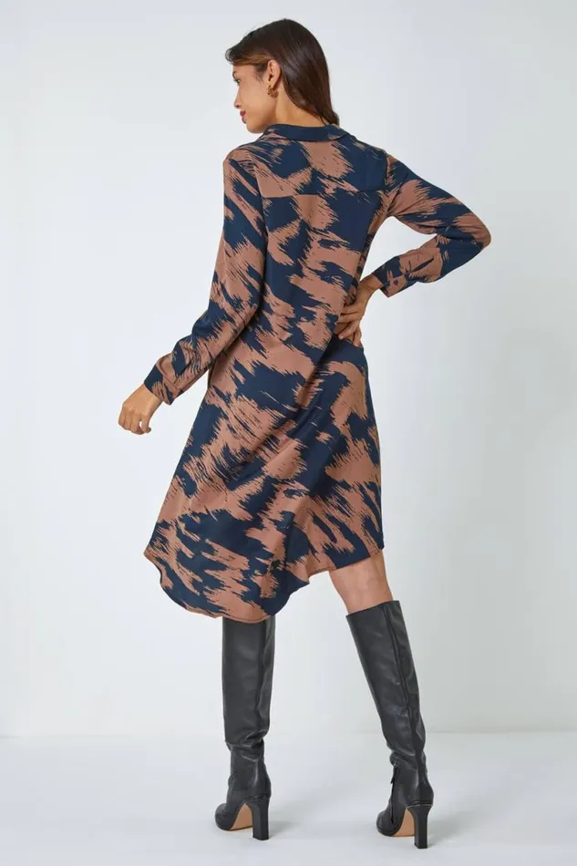 Chocolate Hi Low Abstract Print Shirt Dress Women Roman Dresses