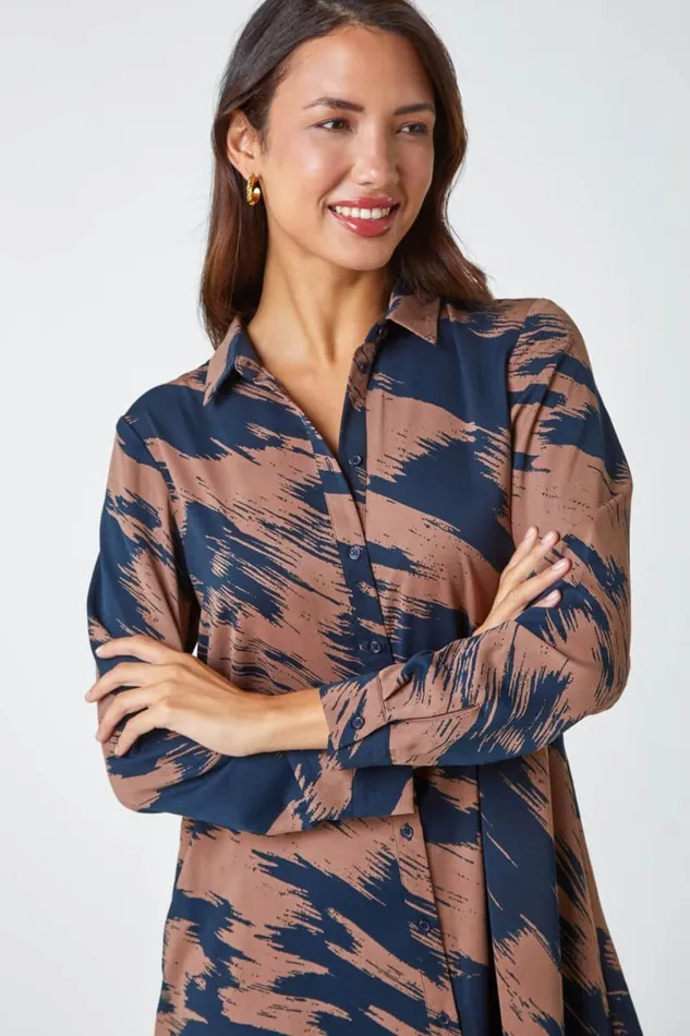 Chocolate Hi Low Abstract Print Shirt Dress Women Roman Dresses