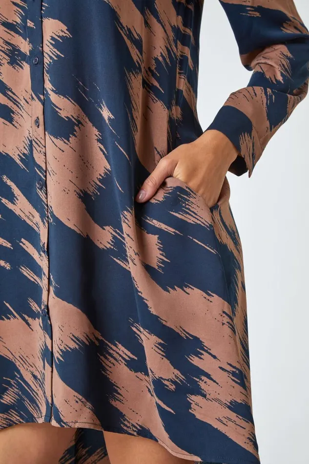 Chocolate Hi Low Abstract Print Shirt Dress Women Roman Dresses
