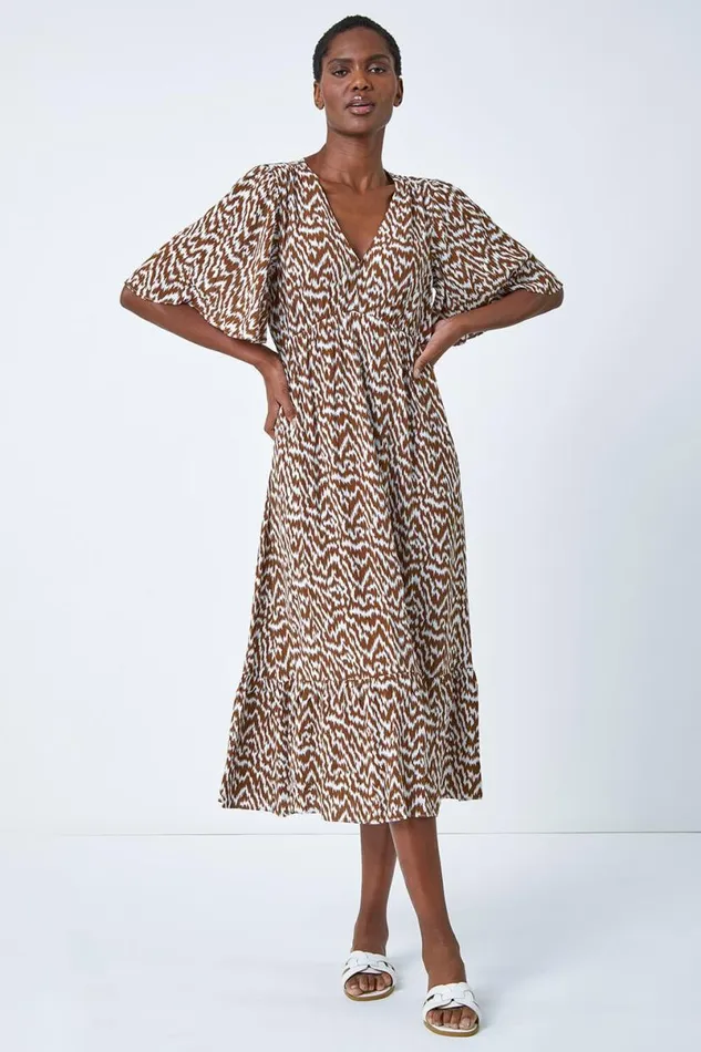 Chocolate Zig Zag Print Tiered Hem Midi Dress Women Roman Dresses