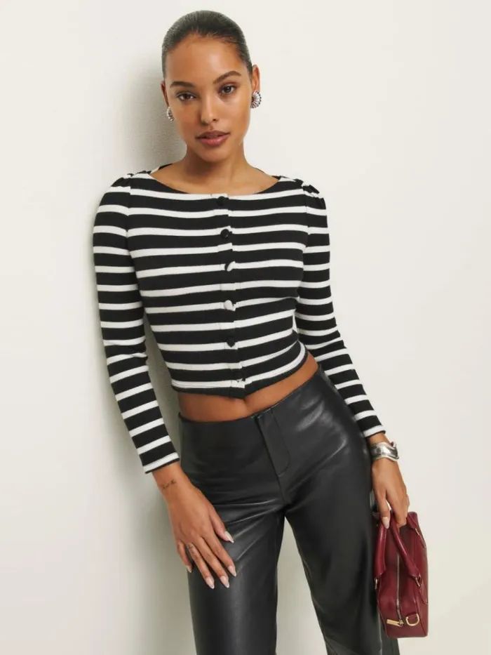 Clothing The Reformation Lennox Knit Top Black And White Stripe