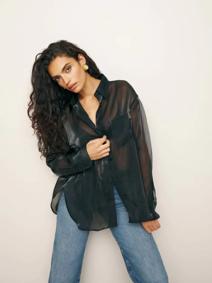 Clothing The Reformation Will Oversized Sheer Shirt Metallic Black