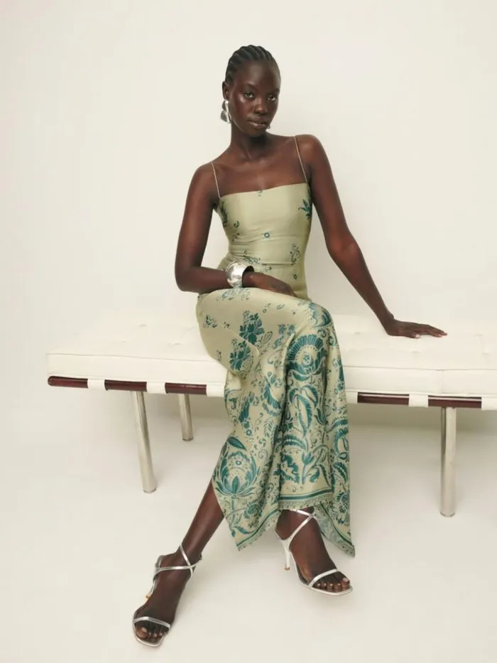 ClothingWeddings The Reformation Petites Frankie Silk Dress Sage Border